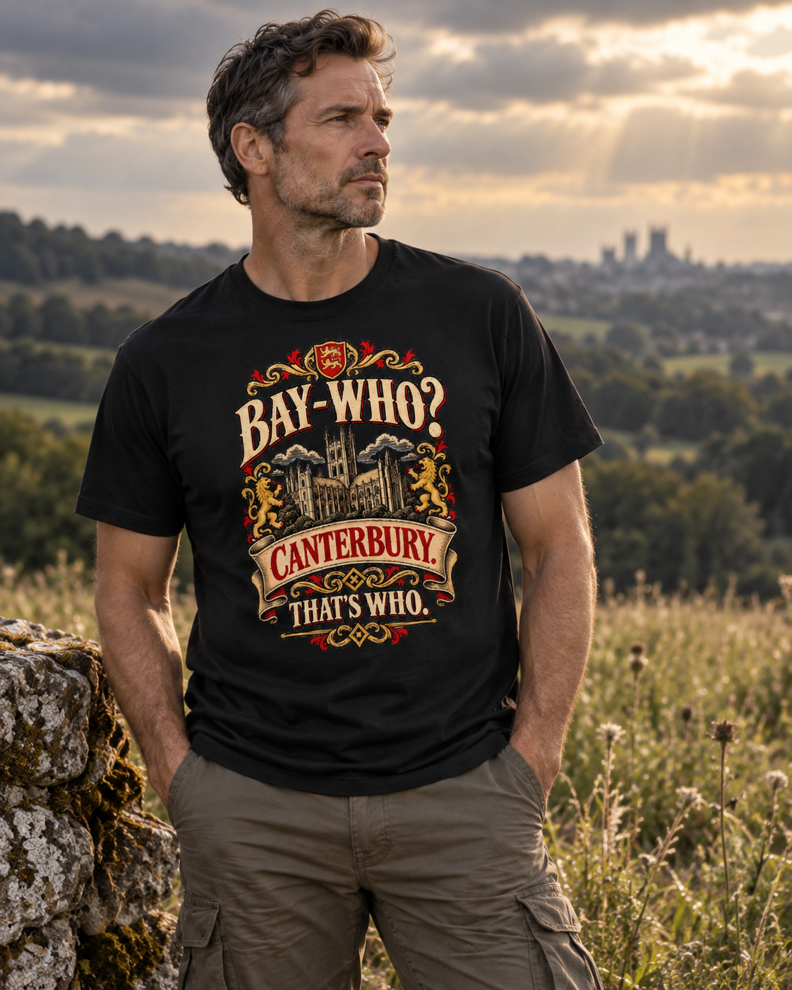 Man wearing a white Bay-Who? Canterbury. That's Who. T-shirt