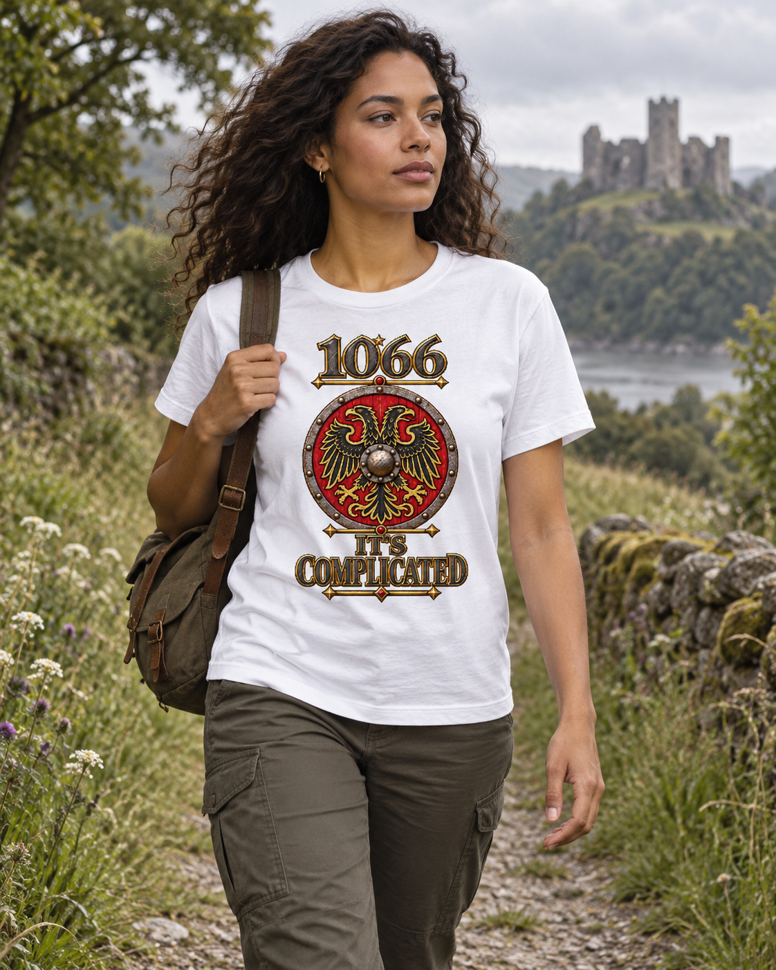 Woman wearing a white 1066 It's Complicated T-shirt with a round Saxon Shield.
