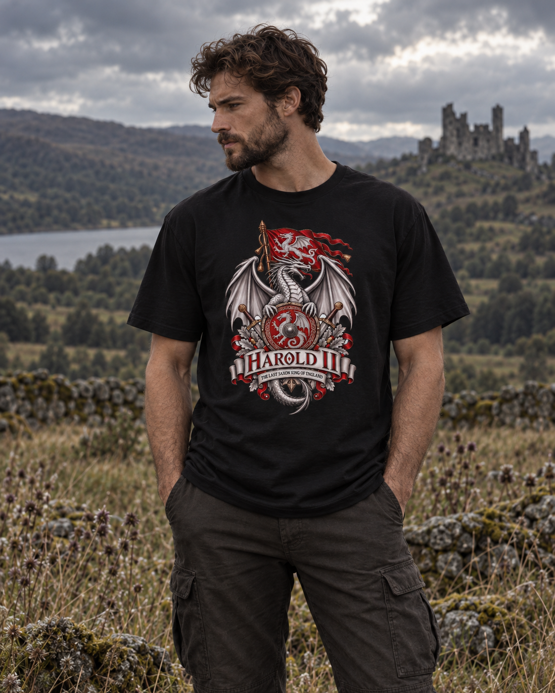 Man wearing a white Harold II, The Last Saxon King of England T-shirt