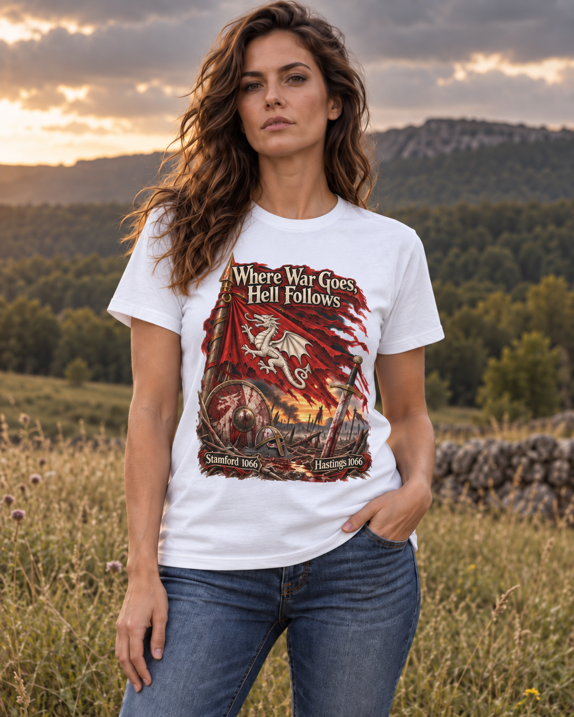 Woman wearing a black Where War Goes, Hell Follows T-shirt