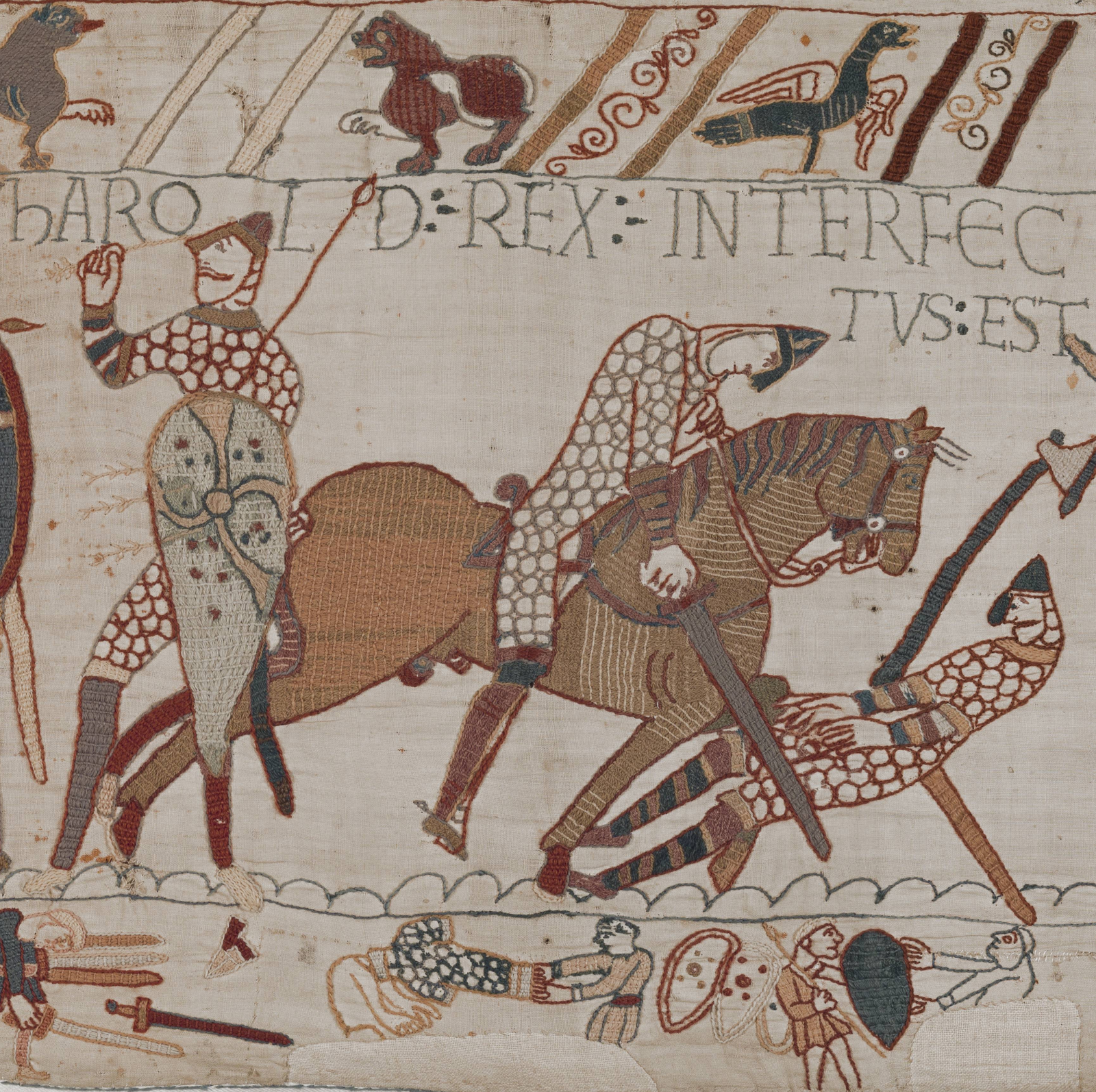 Close detail of the Bayeux Tapestry death scene, showing the standing figure with an apparent arrow or spear-like object near the face and the falling figure beside him.